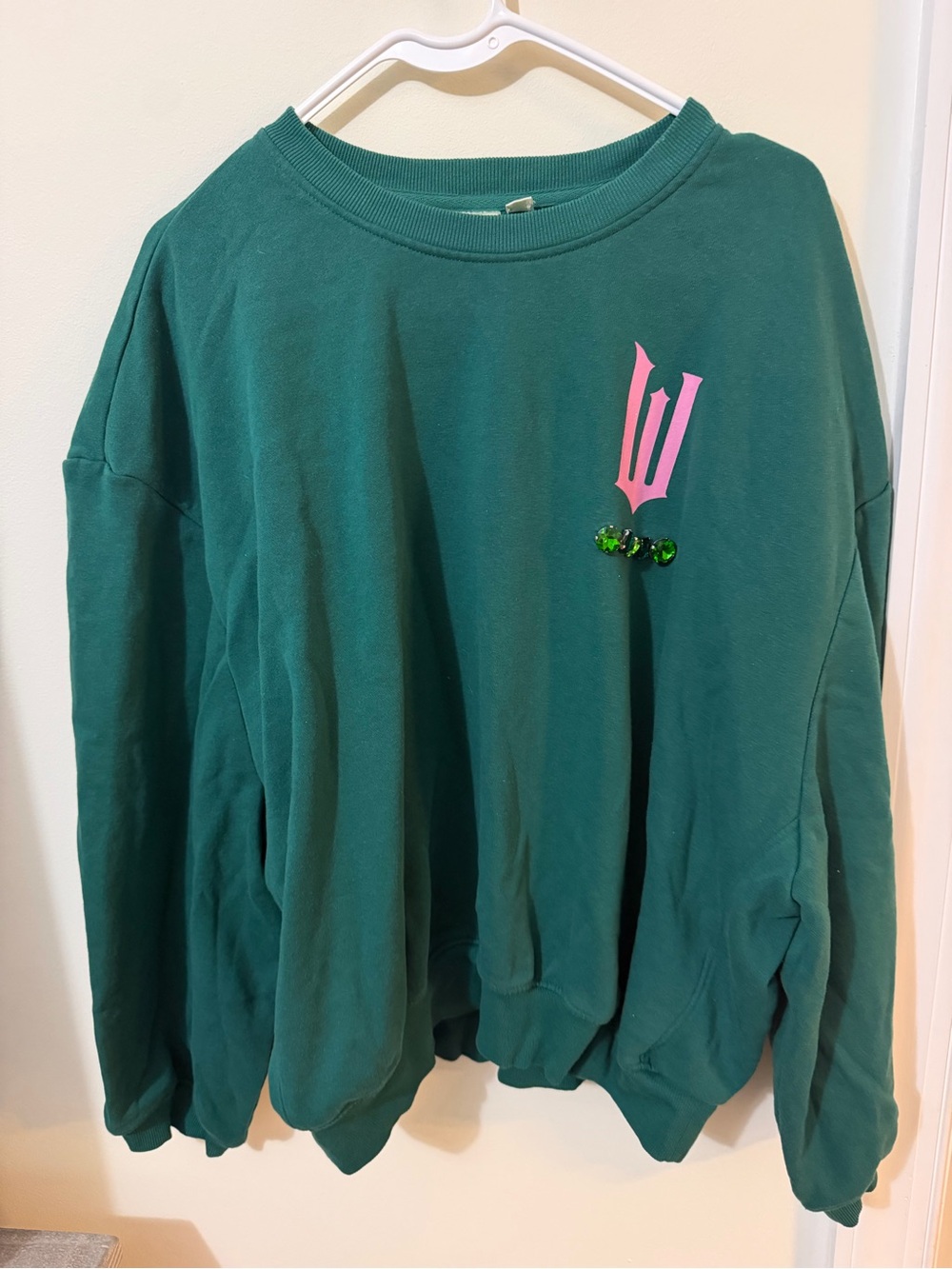 WICKED Target Women's Teal Crewneck Sweatshirt with Pink Crest Detail